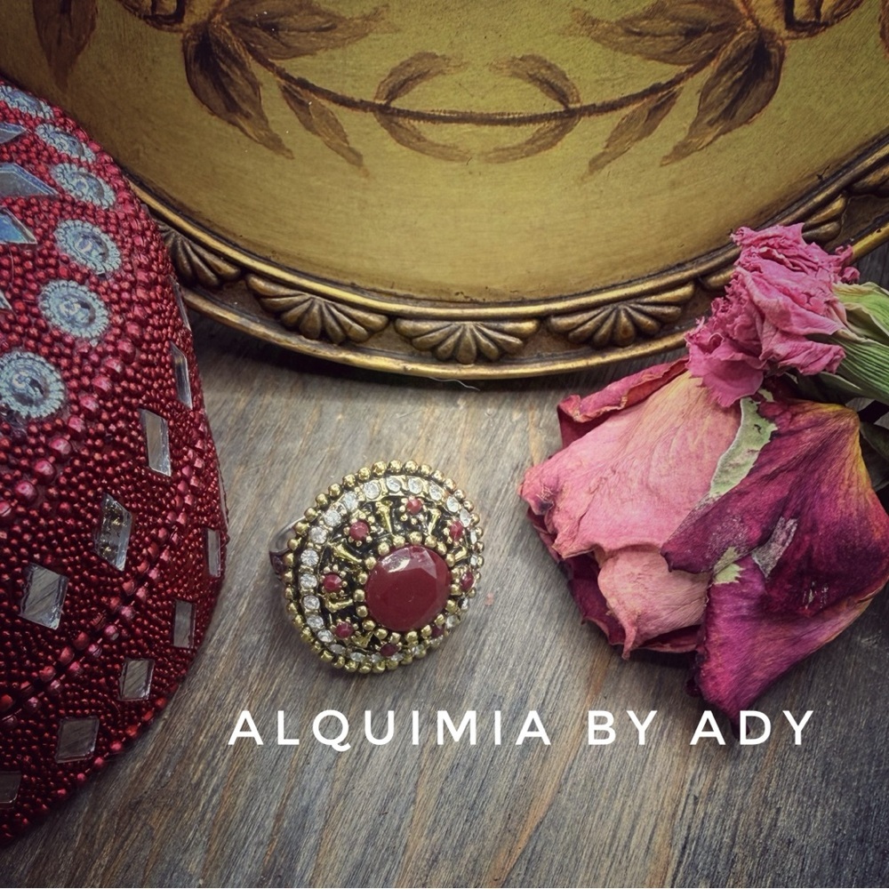 Brutalist Red Stone Ring • Antique Gold Leaves • Wimsogoth Statement